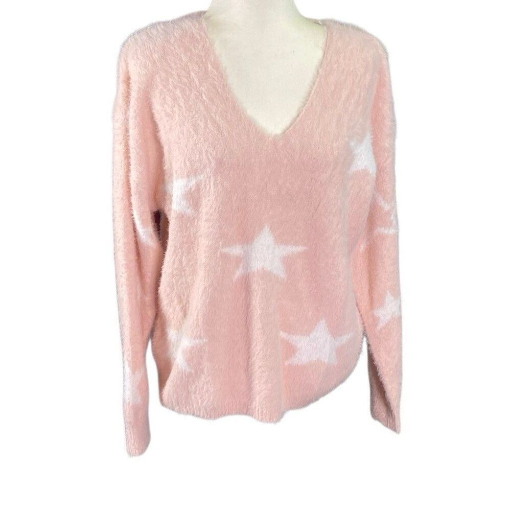 Lush‎ Pink Star Knit V Neck Soft Eyelash Long Sleeve Sweater Size Large